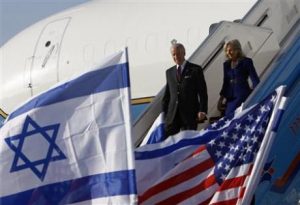 Vice President Joe Biden and his wife arrive in Tel Aviv (Ronen Zvulun/Reuters)