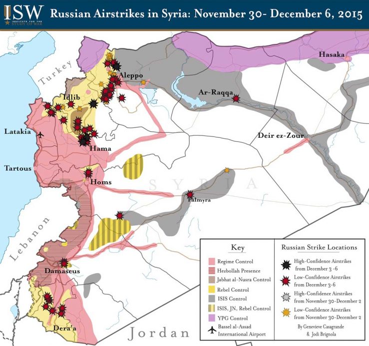 Russian air strikes (November 30-December 6) target in a vast majority areas in northwest Syria controlled by opposition fighters. Strikes on IS positions remain exceptional. (Courtesy of the Institute for the Study of Wars)