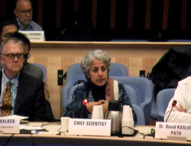 Screenshot from a WHO video of the 2019 Vaccine Safety Summit featuring chief scientist Soumya Swaminathan.